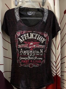 Rare Y2K Affliction Black & Red Graphic Scoop Neck Tee Rhinestone encrusted